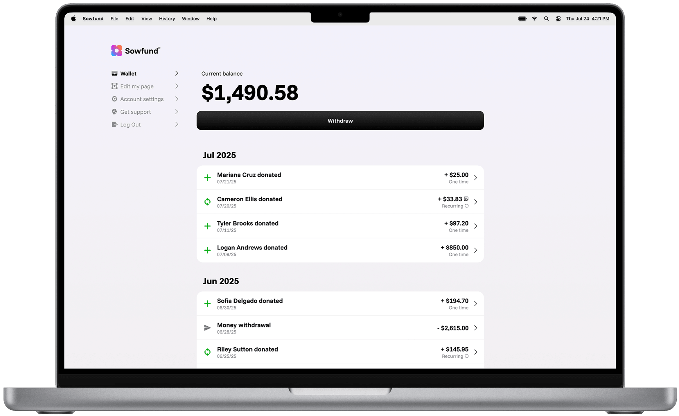 Sowfund dashboard on laptop