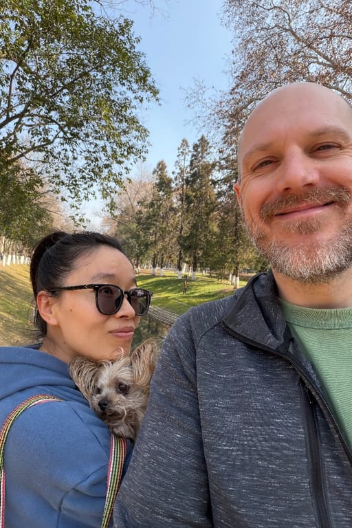 Enjoying the park and the sun with our dog’s LilShit and Ducky (not in the photo)